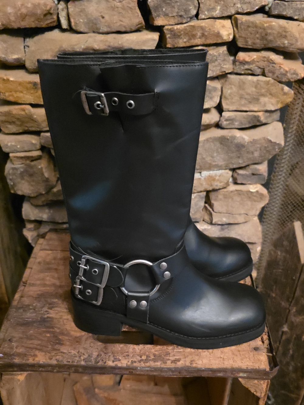 dingo Black Leather Mid-Calf Harness Biker Boots